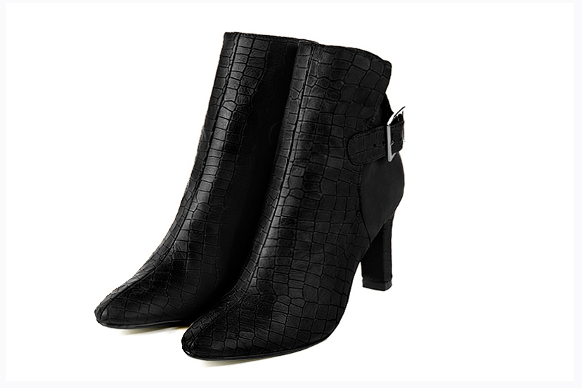 Satin black women's ankle boots with buckles at the back. Round toe. High kitten heels. Front view - Florence KOOIJMAN